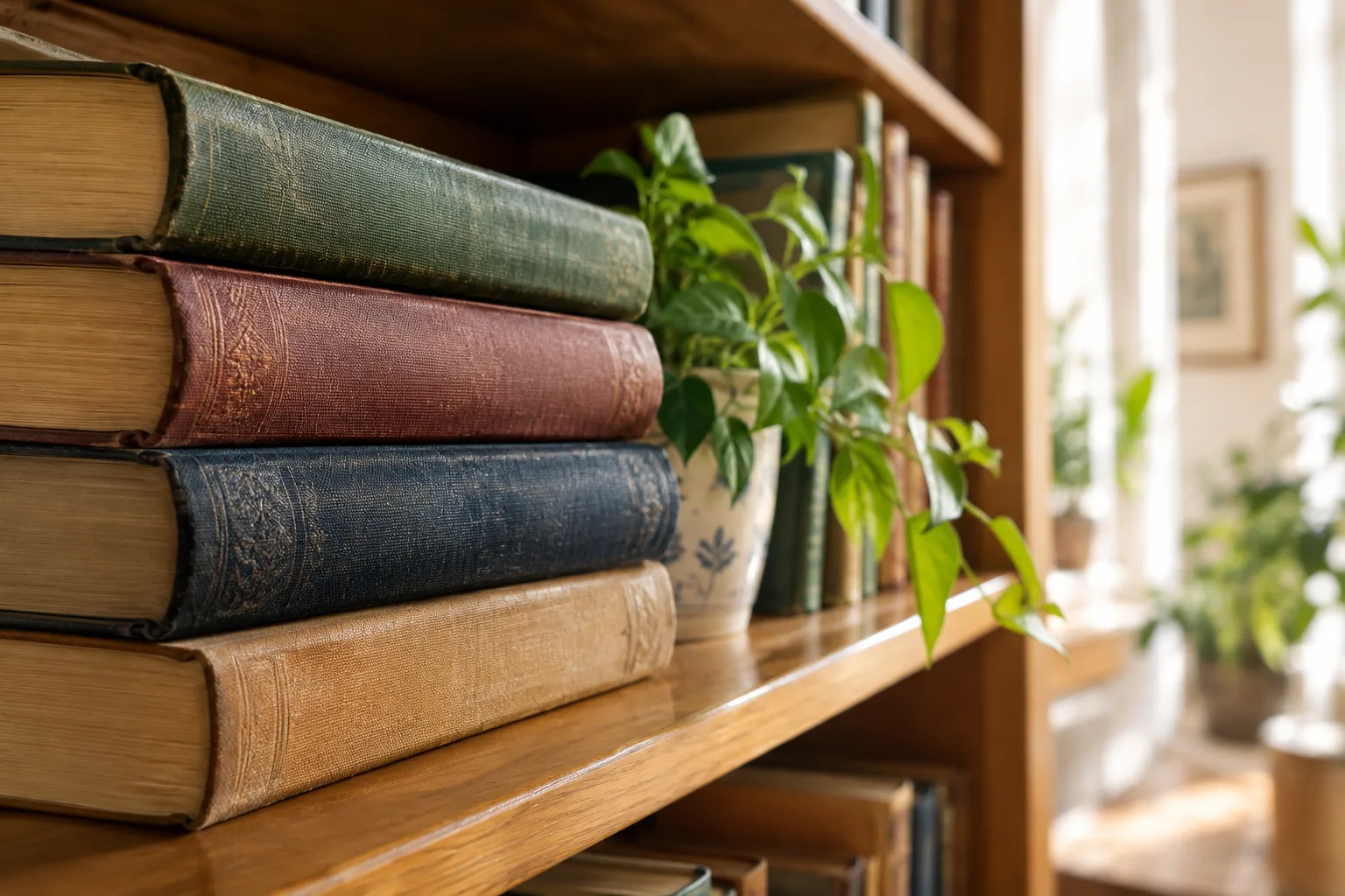 Стопка старых книг лежит на деревянной полке рядом с комнатным растением
