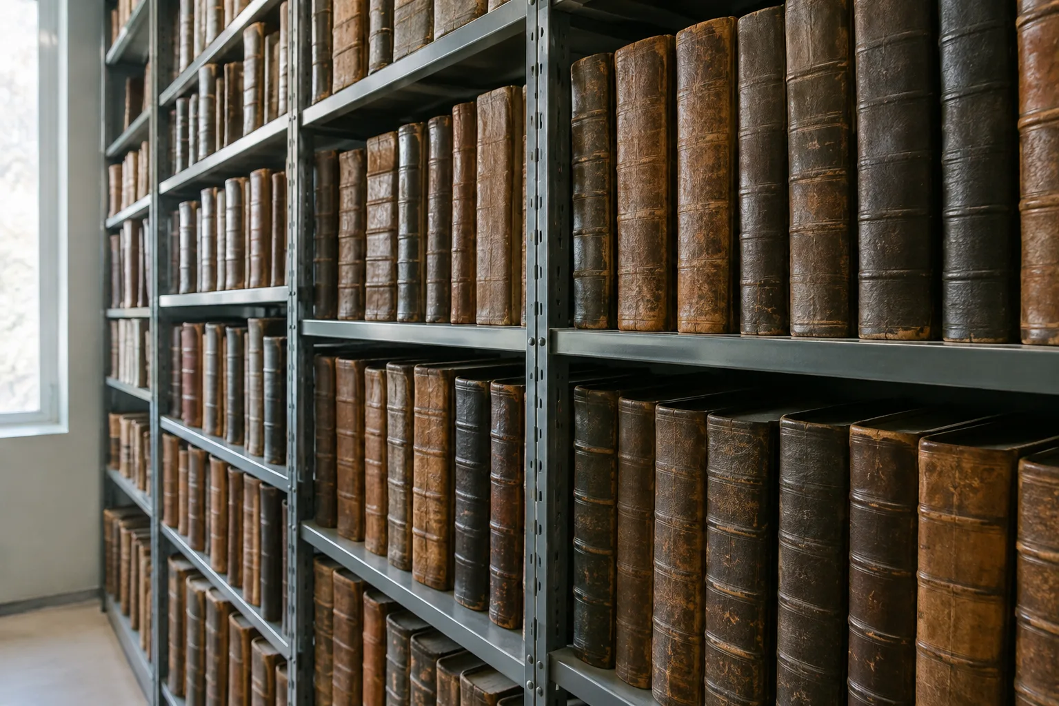 Зберігання історичних реєстрів в архіві Закриті старі книги на полицях архіву