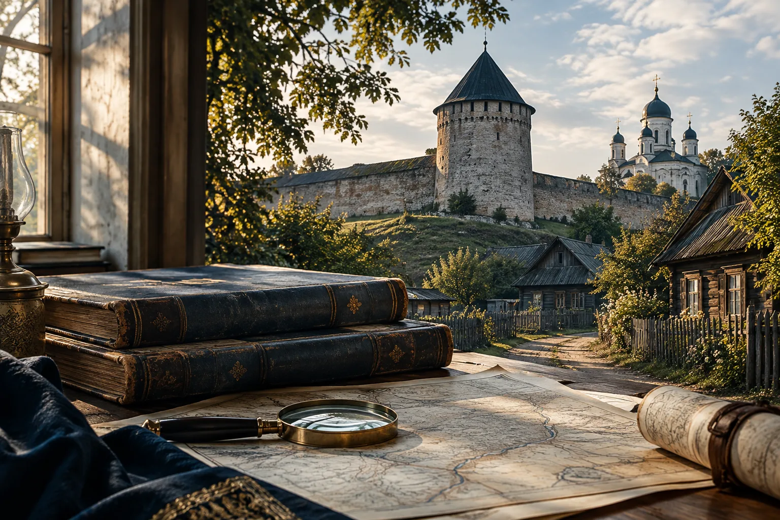Старі метричні книги та лупа на архівному столі