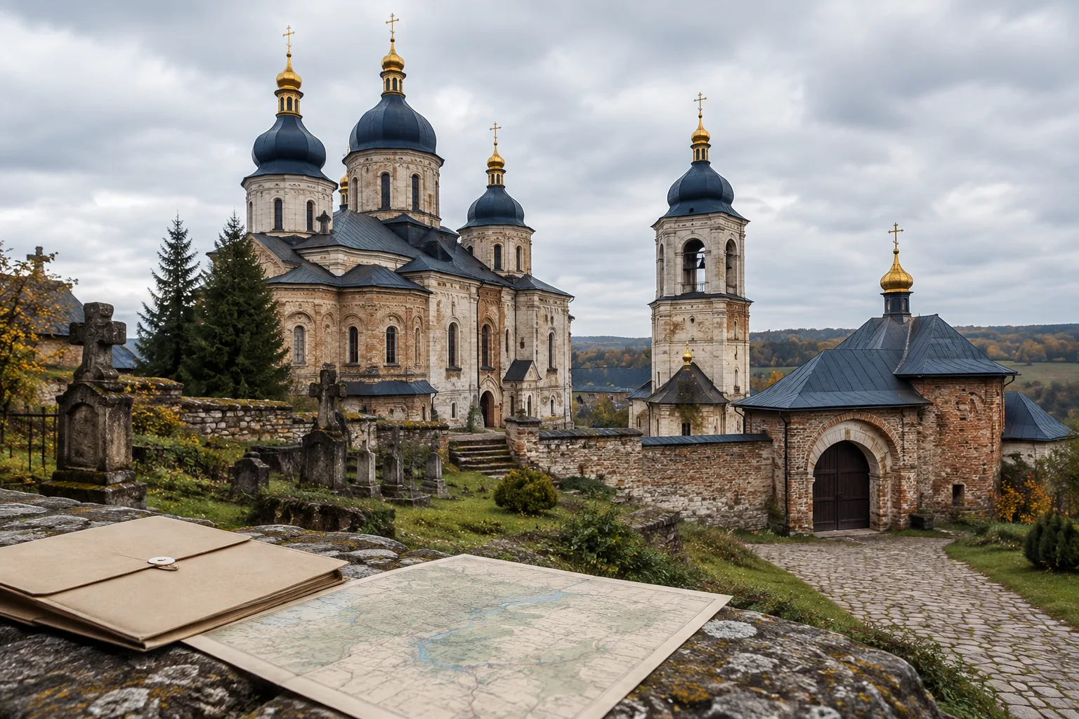 Сільський краєвид із картою та архівною текою