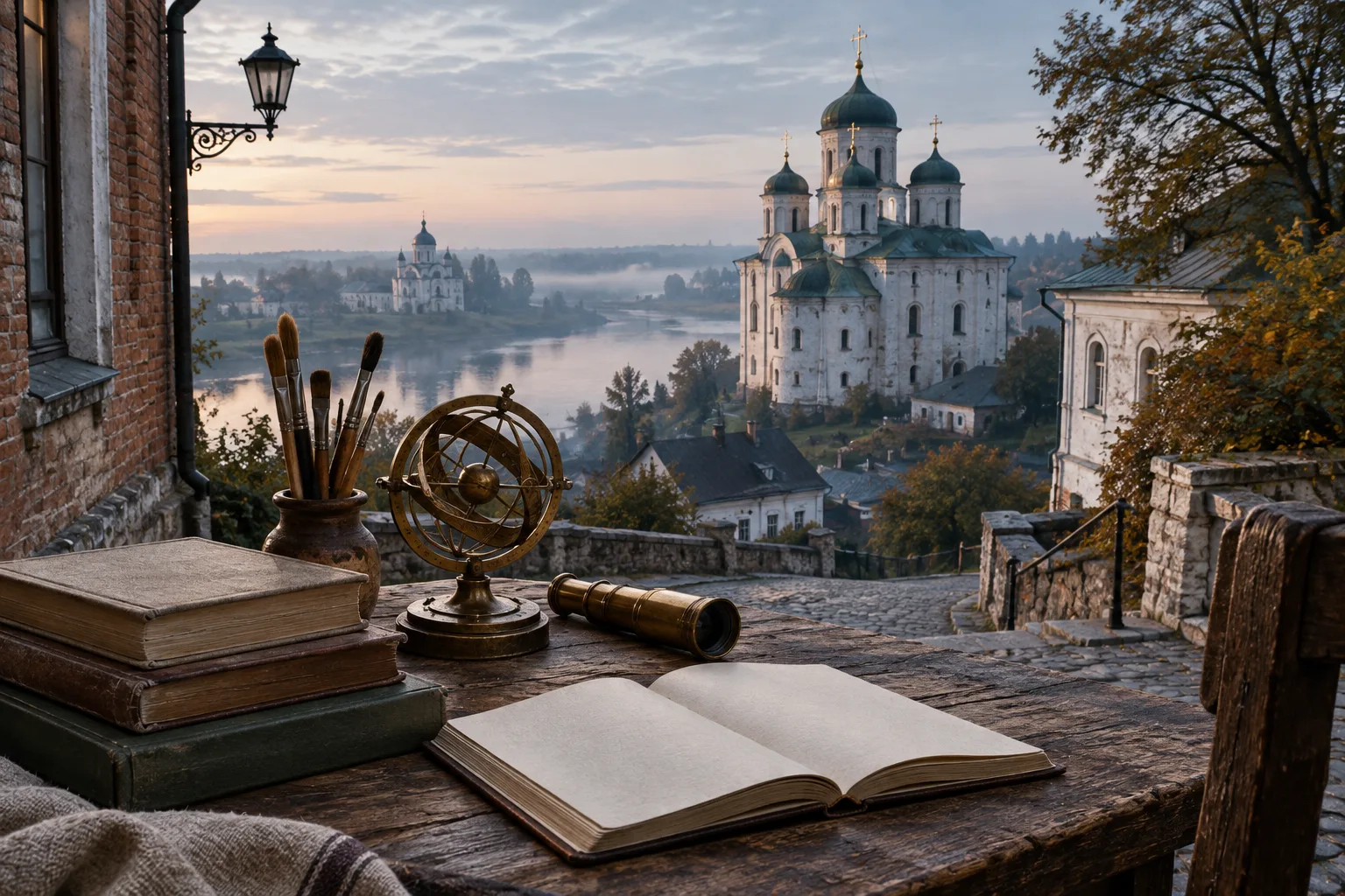 Книги, научные приборы и кисти на столе