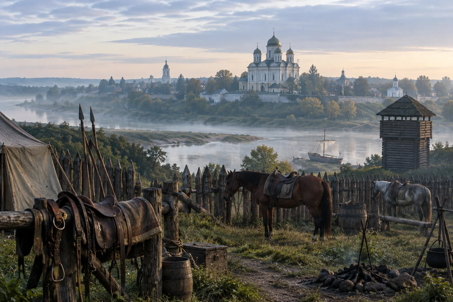 Козацький табір біля річки з кіньми та дерев’яним укріпленням