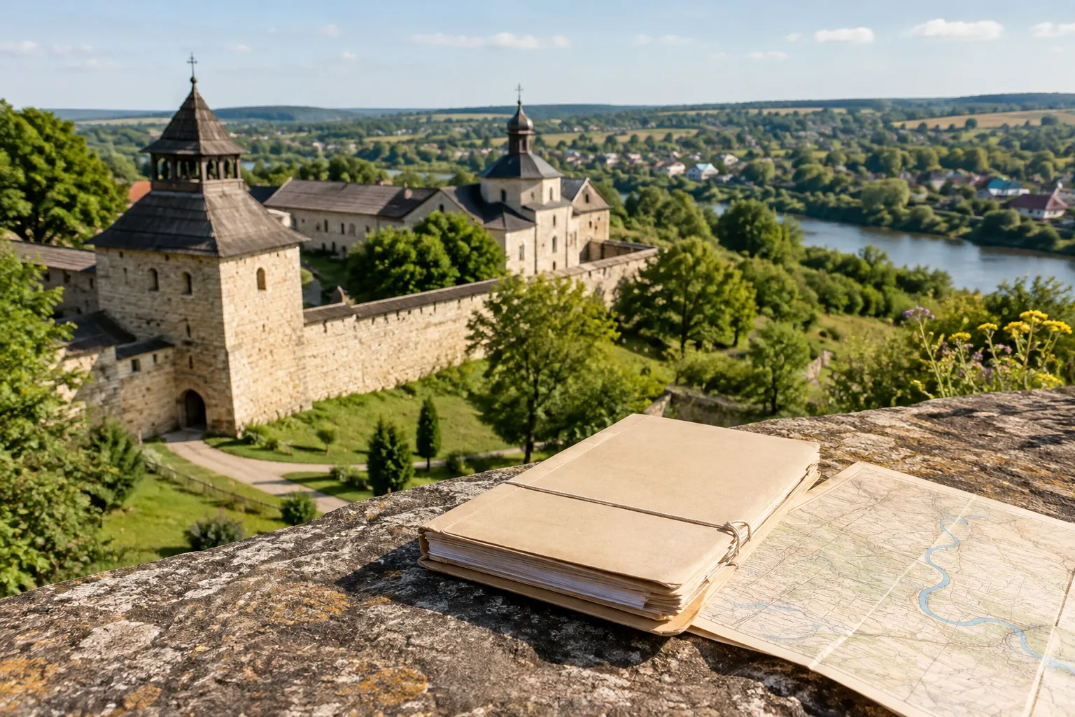 Старинная крепость над рекой, рядом лежат книга и карта
