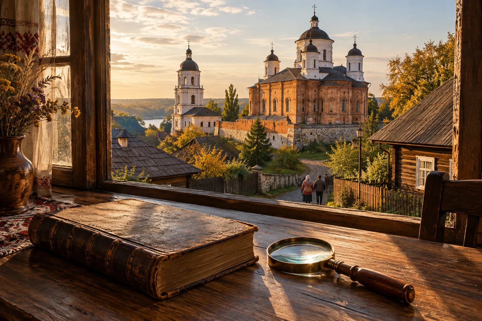 Старинная закрытая книга и лупа на рабочем столе