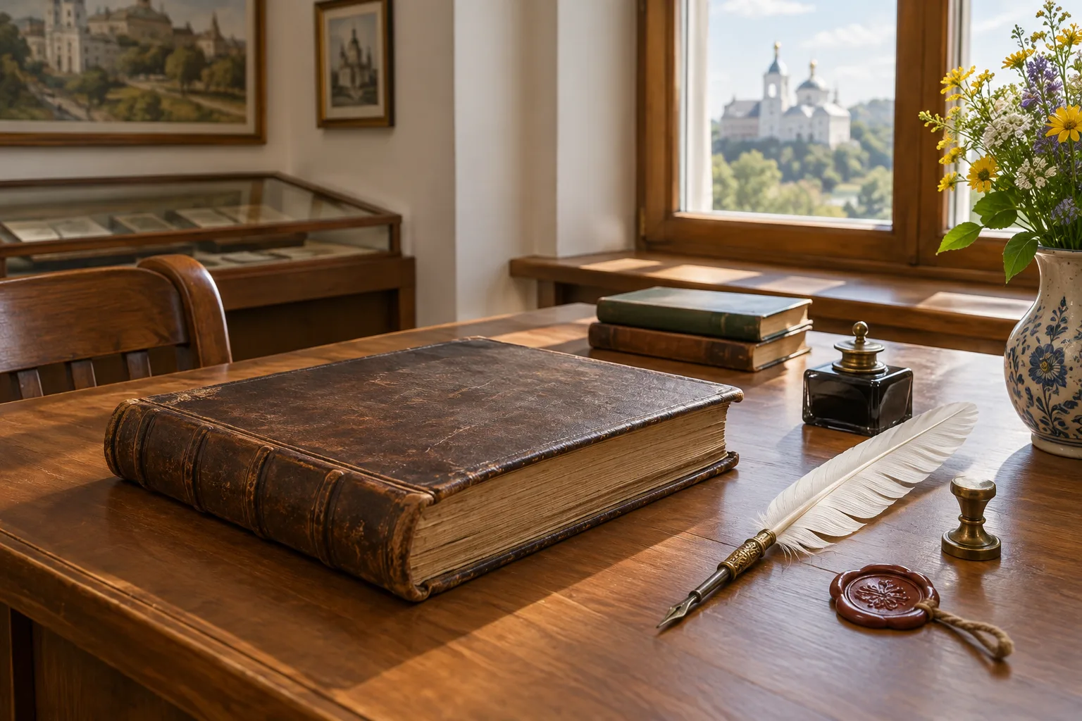 Предметы для иллюстрации работы казацкого писаря Закрытая старинная книга, перо и сургучная печать на столе